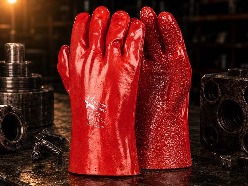Red PVC 27cm Open-Cuff Terry Glove