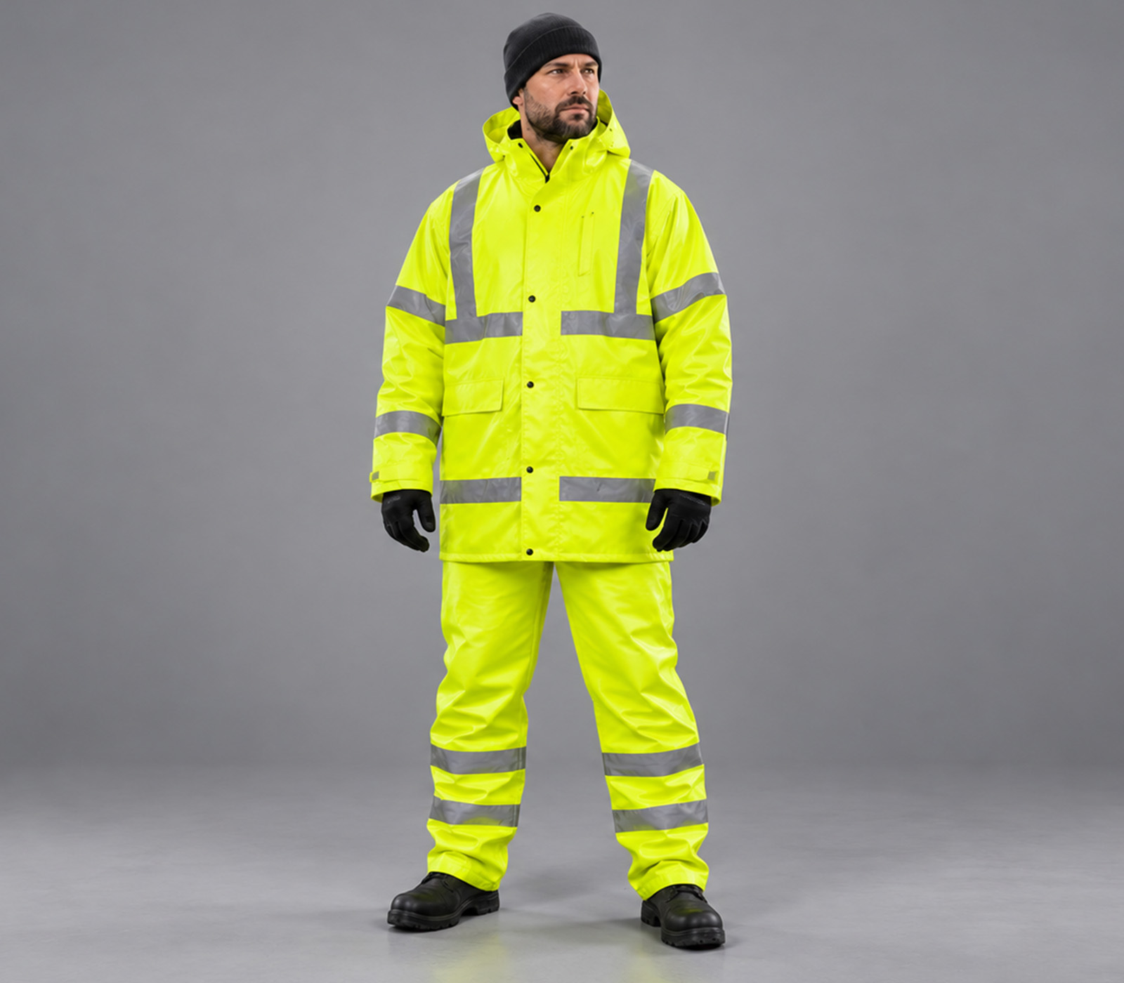 Model wearing the Hi-Viz Rain Jacket
